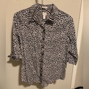 Chico's Shirt Top Size 2 No Iron Stretch Button Up 3/4 Sleeve Leopard Zebra